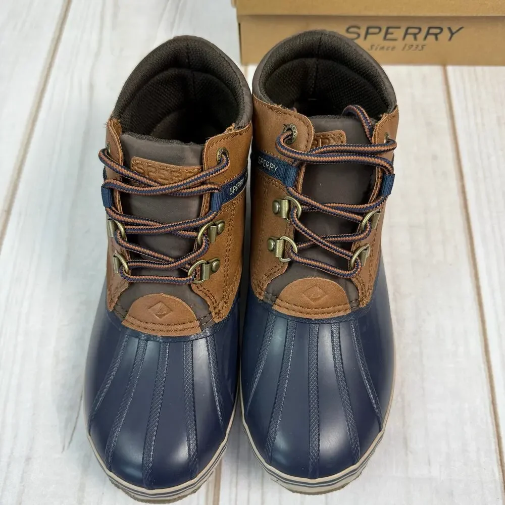 Kids Sperry Bowline Duck Boots Navy Tan Waterproof Lace Up Size 4 Youth